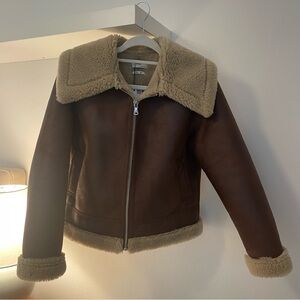 MANGO Faux Fur Brown Leather Oversize Jacket. NWT. Perfect Condition. Size XS